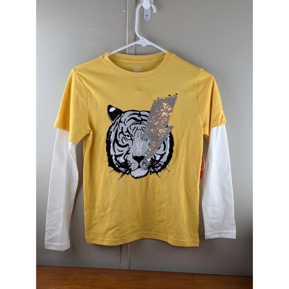 Wonder Nation Kids Yellow Tiger Flip Sequin Lightning Bolt Layered Tee L 10-12